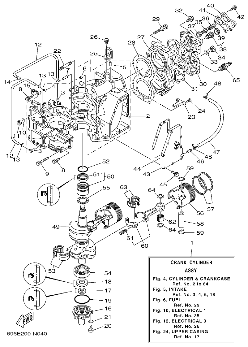 Yamaha E48C, E55C, 55B, E48CMH, E55CMH CYLINDER & CRANKCASE parts diagram